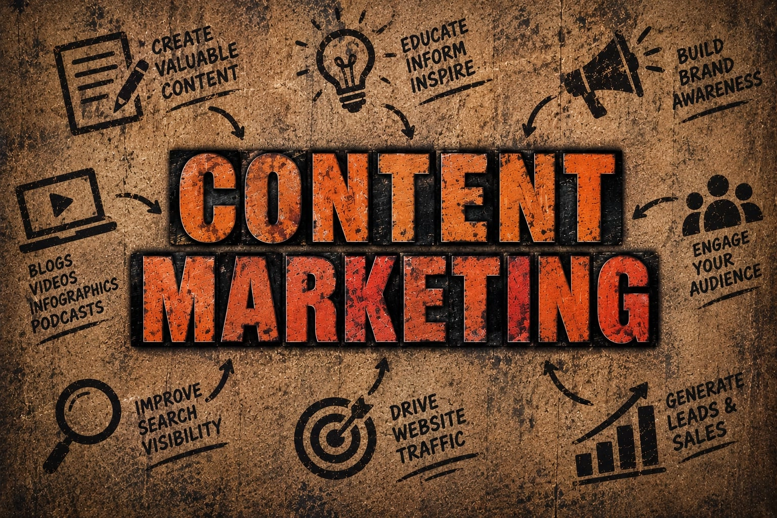 Textured rustic graphic featuring large orange and black "CONTENT MARKETING" lettering surrounded by marketing icons and concepts like "Build Brand Awareness," "Drive Website Traffic," and "Generate Leads & Sales."