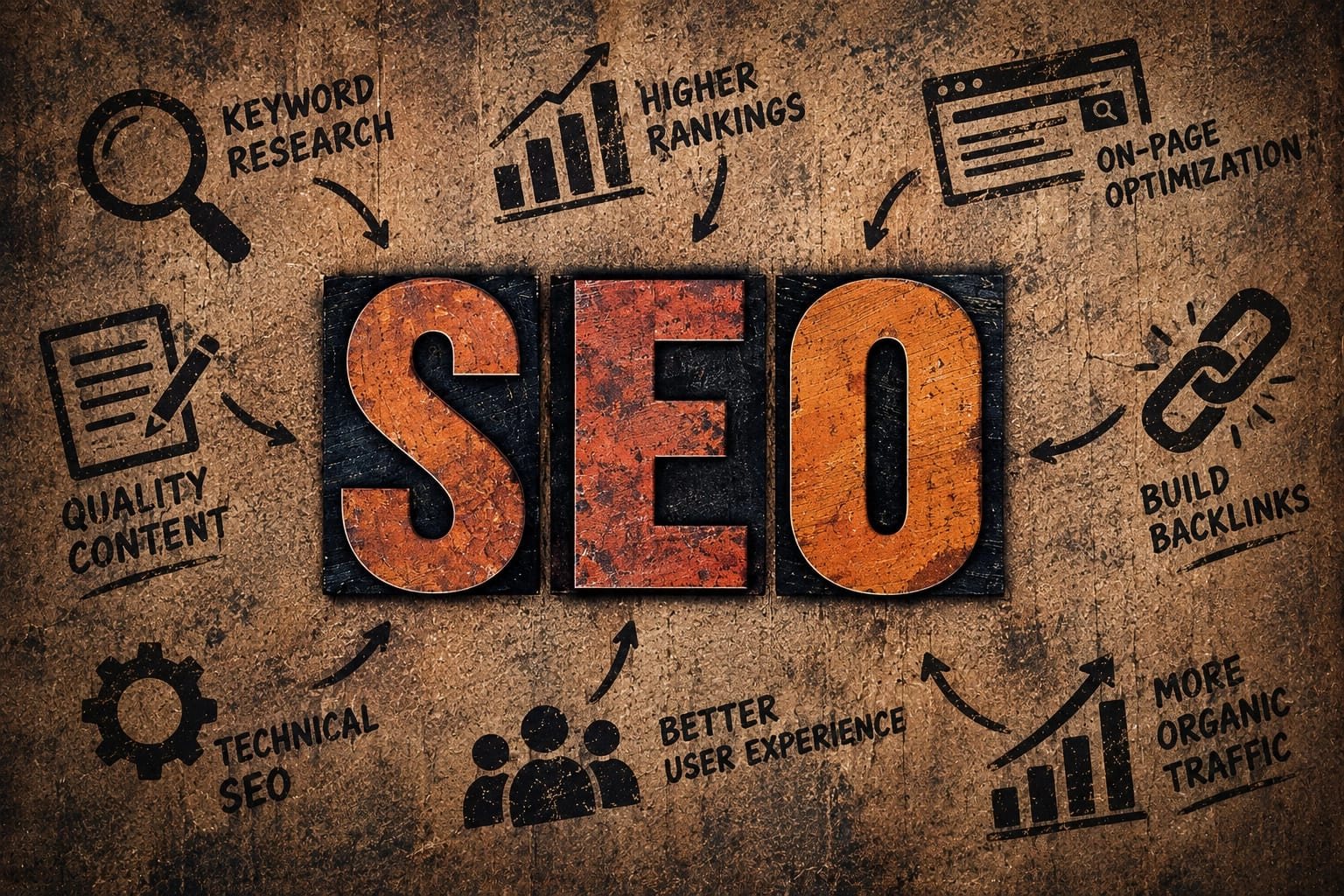 Large 3D orange text reading "SEO" on a rustic textured brown background surrounded by icons and concepts including Keyword Research, On-Page Optimization, Technical SEO, Quality Content, and Higher Rankings.