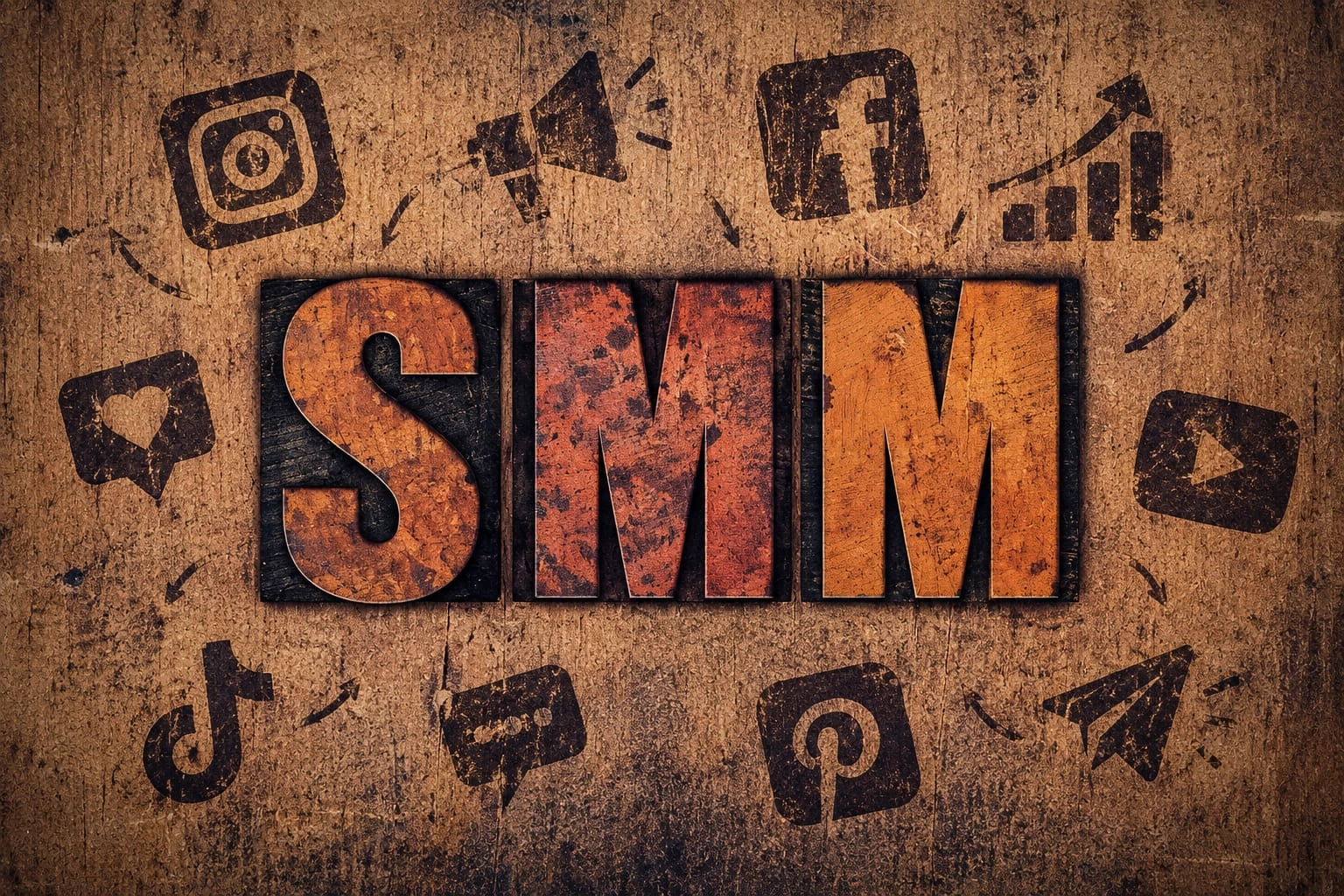 Large block letters spelling "SMM" on a rustic textured background surrounded by social media logos including Instagram, Facebook, YouTube, TikTok, and Pinterest.