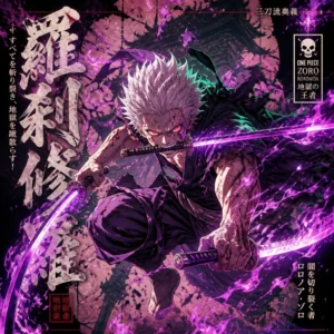Roronoa Zoro from One Piece in a dynamic anime combat pose, wielding three katanas enveloped in vibrant purple aura and glowing energy.