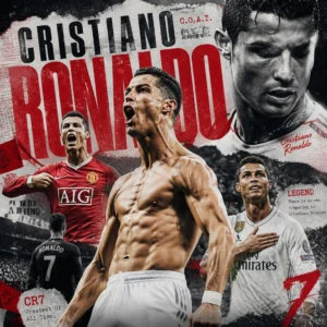 Cristiano Ronaldo tribute poster collage featuring iconic moments from Real Madrid and Manchester United.