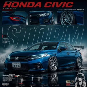 Blue Honda Civic sedan featured in a Japanese JDM-style graphic poster with large "STORM" outline lettering and Mugen Power branding.