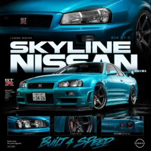 Nissan Skyline GT-R R34 poster featuring a turquoise sports car, technical specs, and NISMO wheel details.
