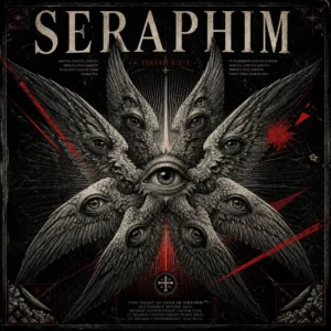 Dark gothic poster featuring an ancient biblical Seraphim angel with six feather-textured wings covered in multiple open eyes, centered under the word "SERAPHIM".